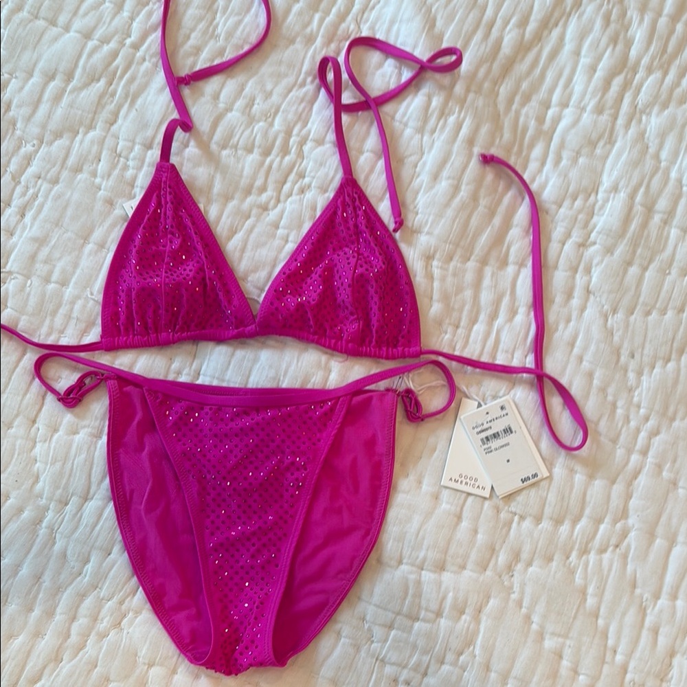 Good American neon pink Bikini with Rhinestone Accents